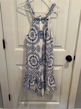 Trina turk, white and blue embroidered halter sundress small